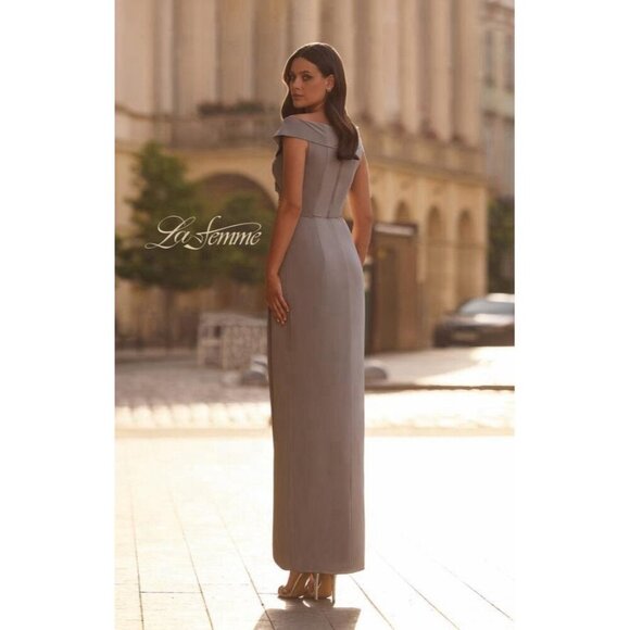 La Femme Size 14 Gray 25206 Surplice Off the Shoulder Column Cocktail Gown Dress - Picture 4 of 12